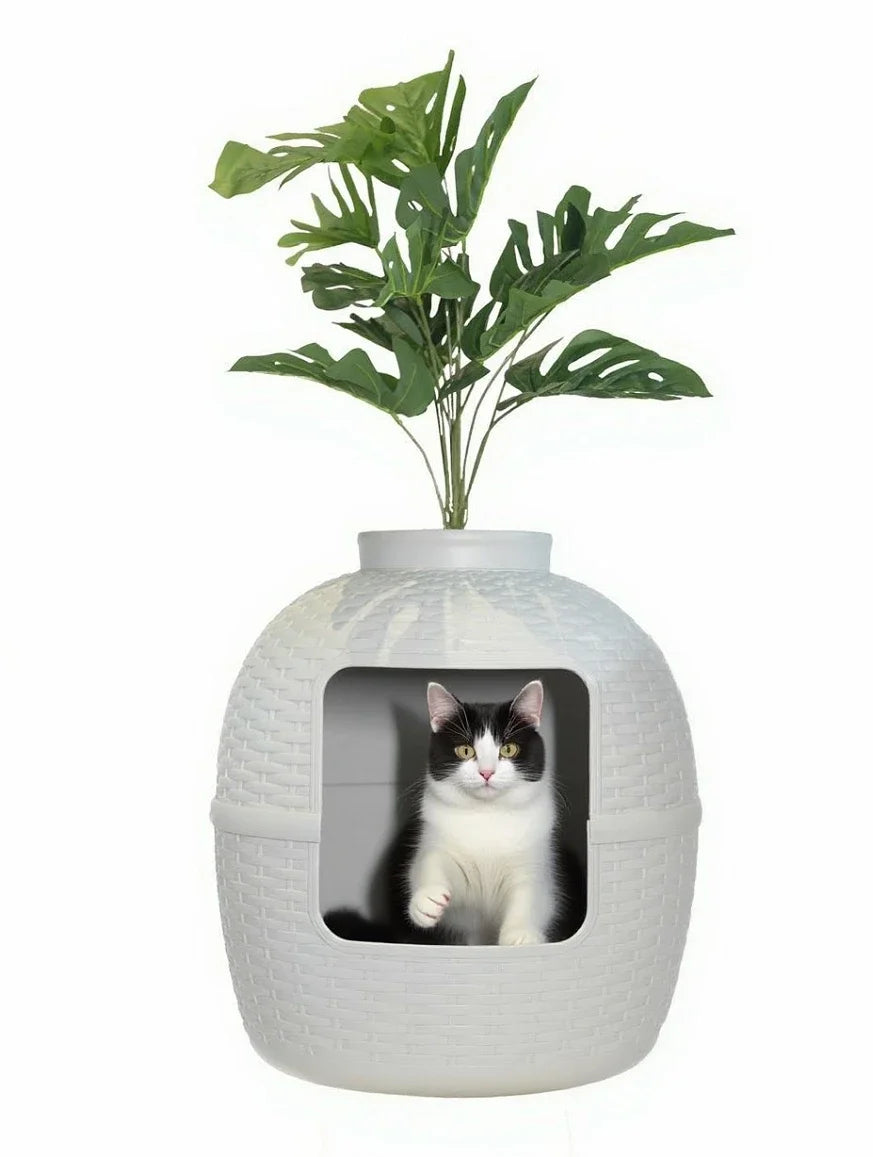 Decorative Cat Litter Box with Plant – Rattan Pattern Enclosure for Home