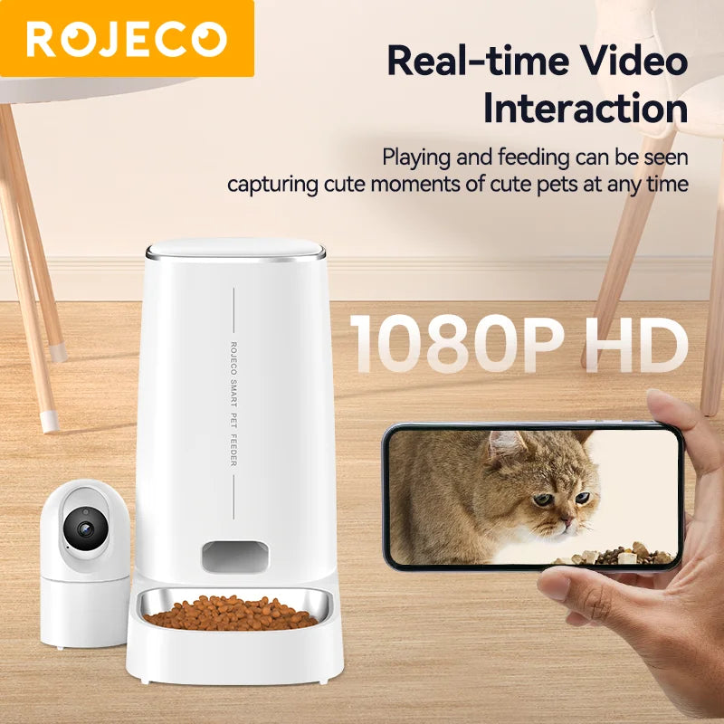 ROJECO Smart Pet Feeder with 360° Camera – 4L WiFi Auto Food Dispenser for Cats & Dogs