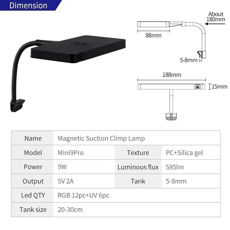 WEEK AQUA Mini 9 Pro USB Full‑Spectrum Aquarium Light – Compact Plant & Nano‑Tank LED with App Control