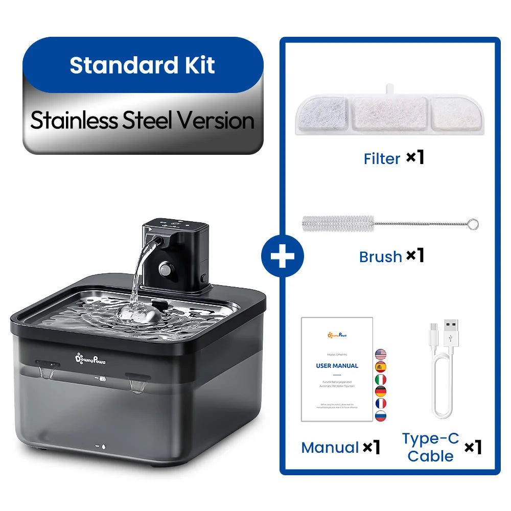 DownyPaws 2.5L Wireless Stainless Steel Cat Water Fountain with Motion Sensor