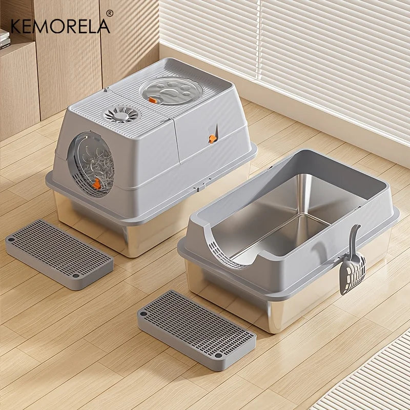 KEMORELA XL Stainless Steel Cat Litter Box – Enclosed, Removable, High Sides + Scoop