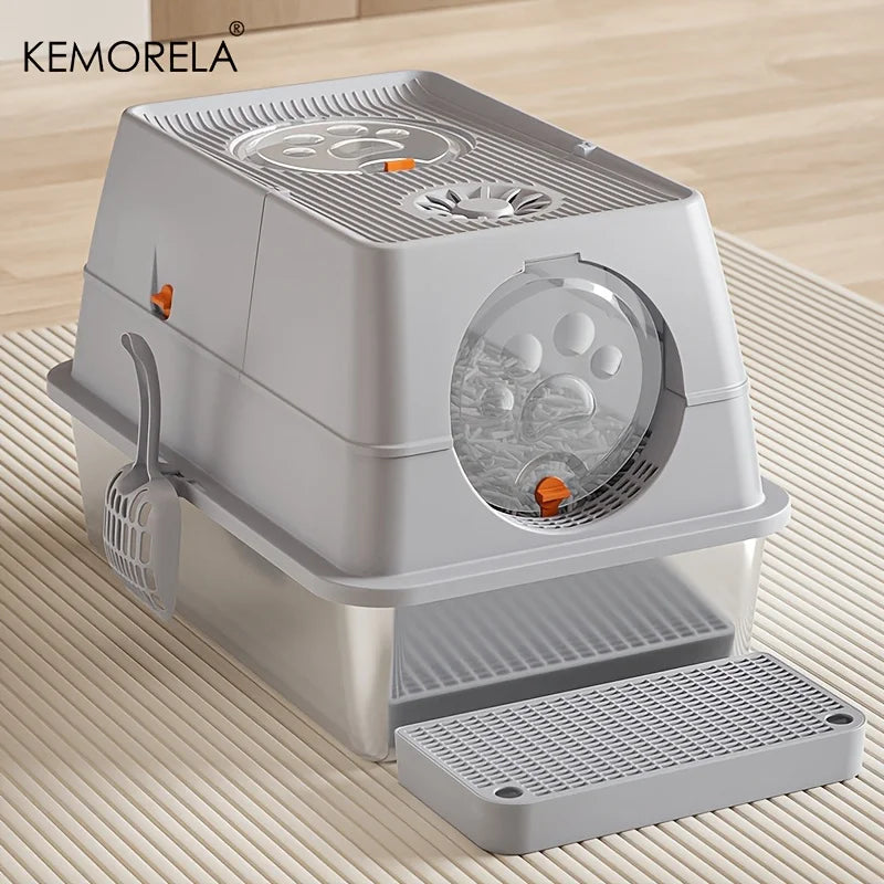 KEMORELA XL Stainless Steel Cat Litter Box – Enclosed, Removable, High Sides + Scoop