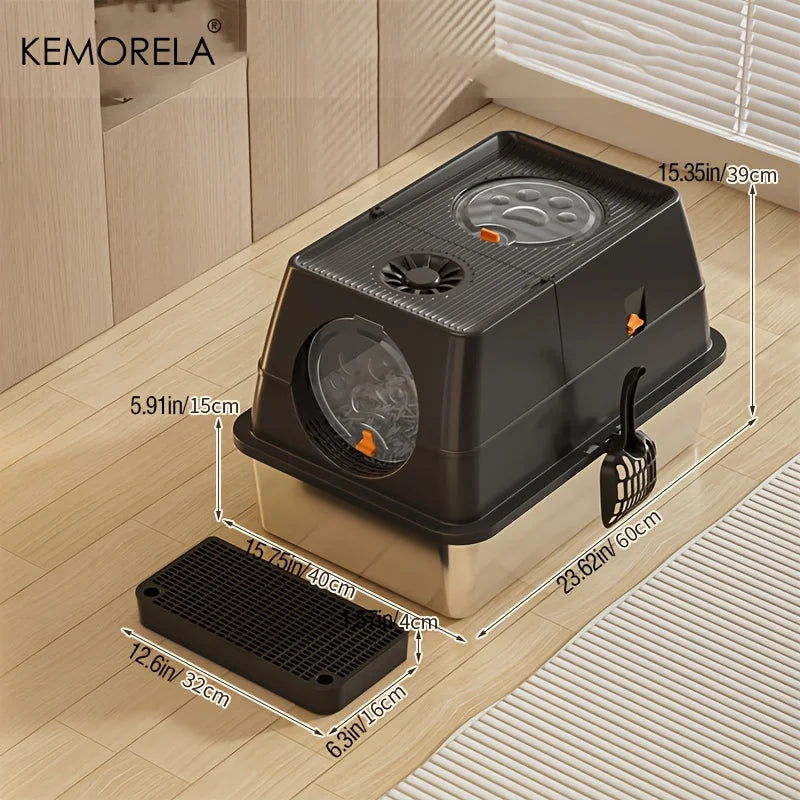 KEMORELA XL Stainless Steel Cat Litter Box – Enclosed, Removable, High Sides + Scoop