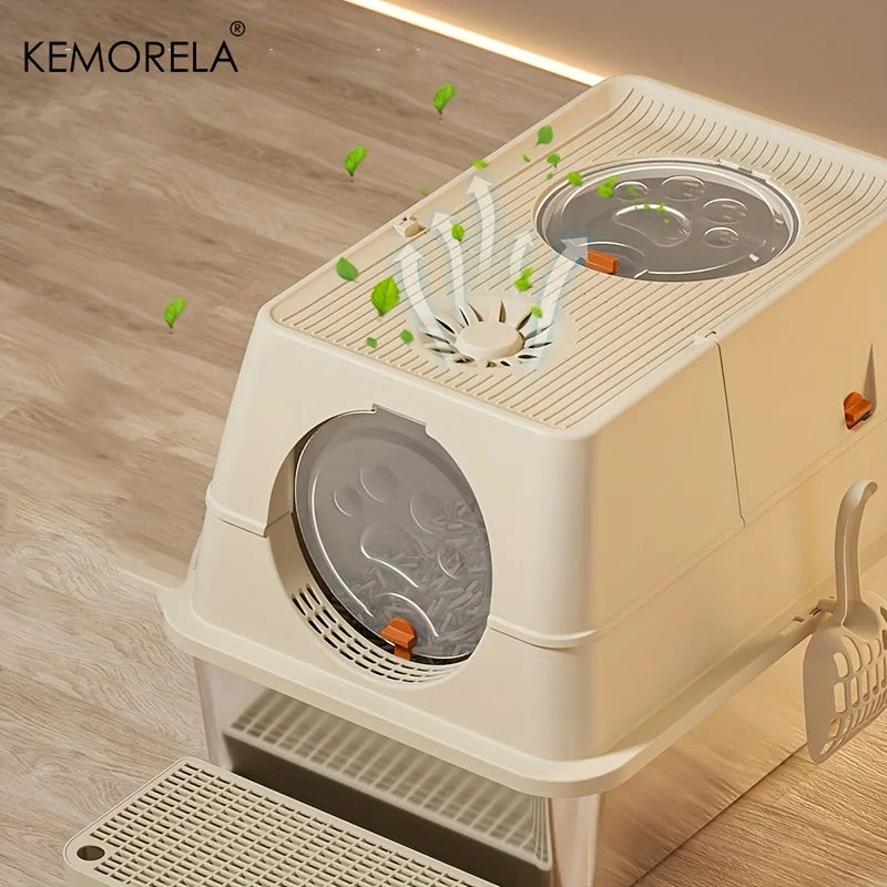 KEMORELA XL Stainless Steel Cat Litter Box – Enclosed, Removable, High Sides + Scoop