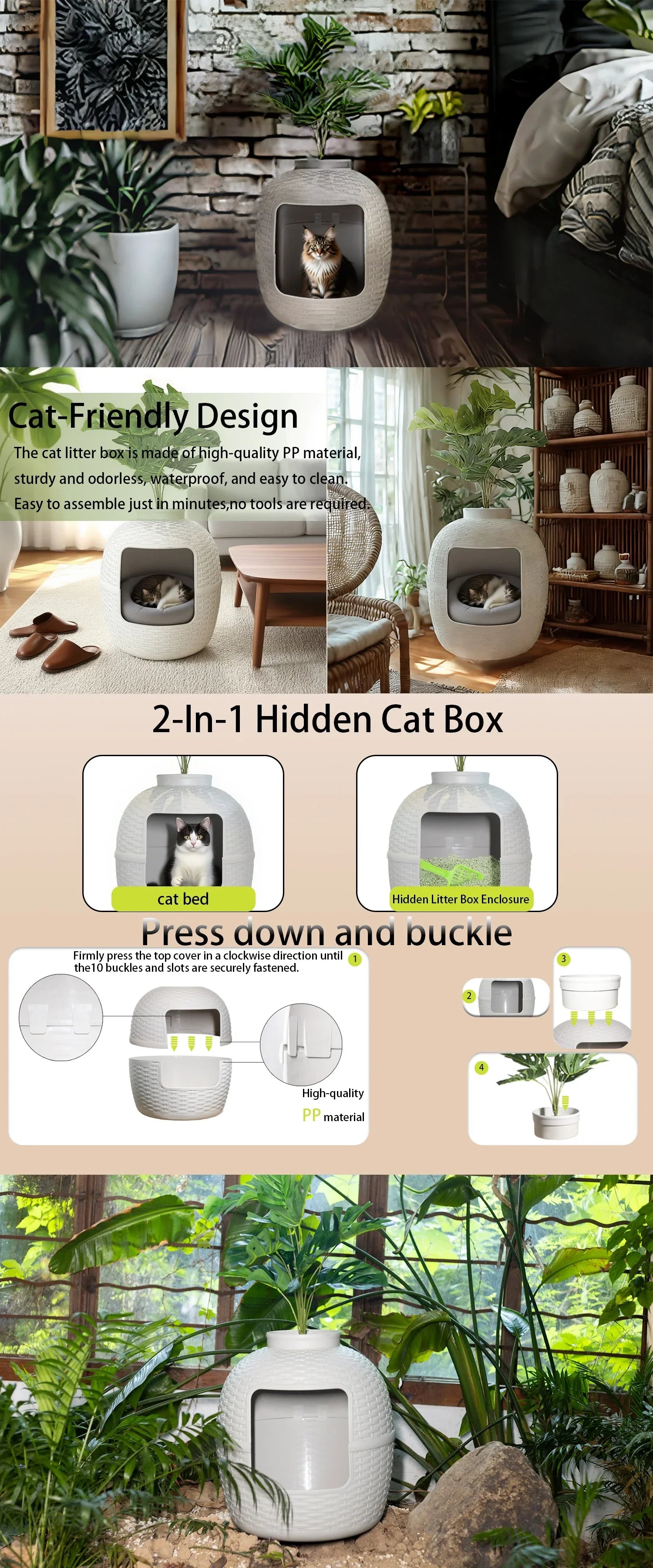Decorative Cat Litter Box with Plant – Rattan Pattern Enclosure for Home