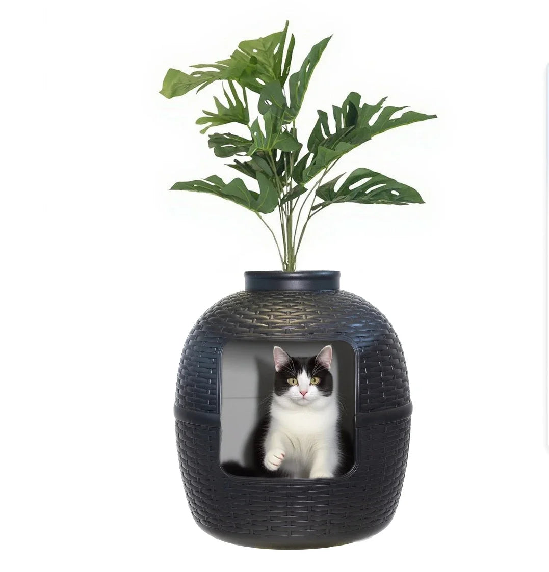 Decorative Cat Litter Box with Plant – Rattan Pattern Enclosure for Home
