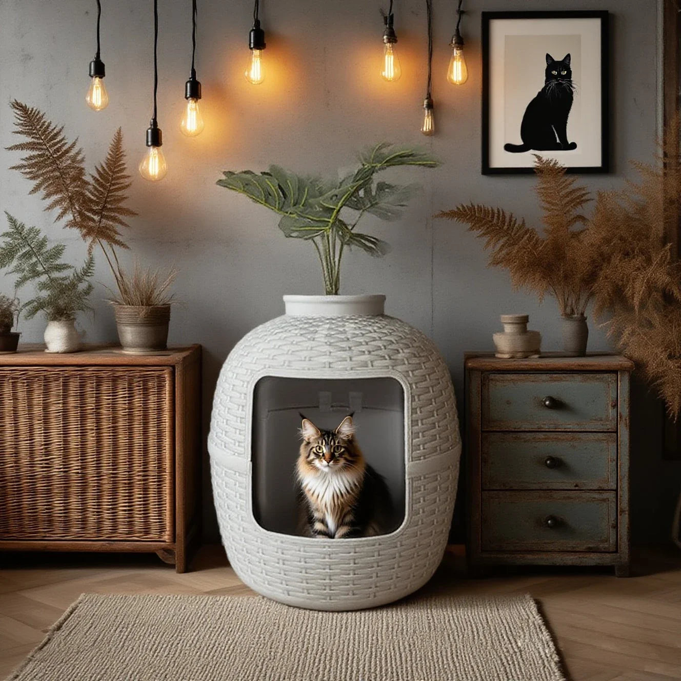 Decorative Cat Litter Box with Plant – Rattan Pattern Enclosure for Home
