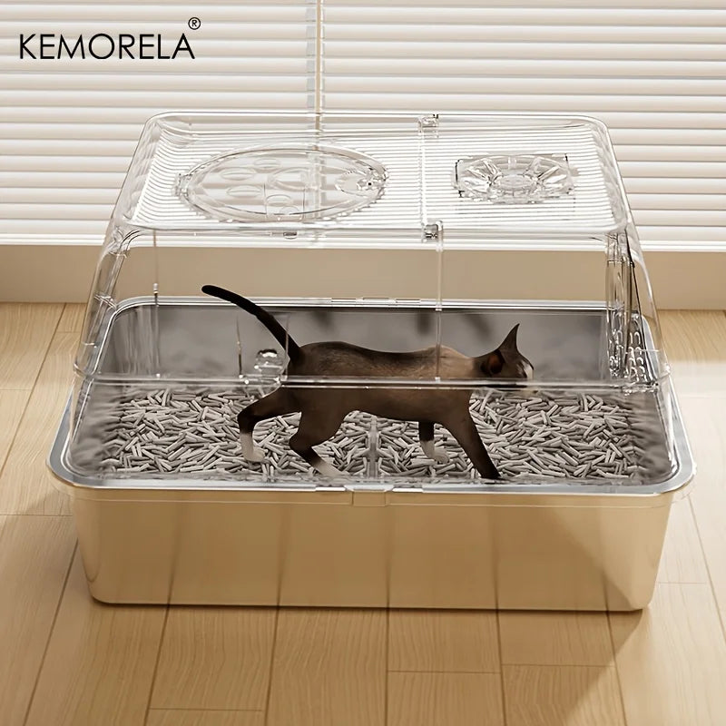 KEMORELA XL Stainless Steel Cat Litter Box – Enclosed, Removable, High Sides + Scoop
