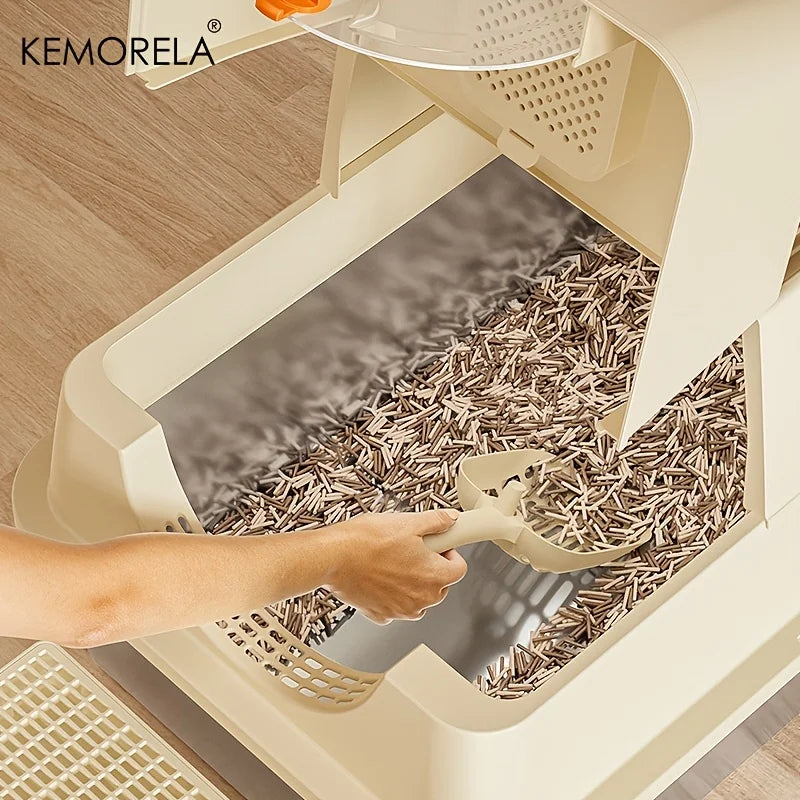 KEMORELA XL Stainless Steel Cat Litter Box – Enclosed, Removable, High Sides + Scoop