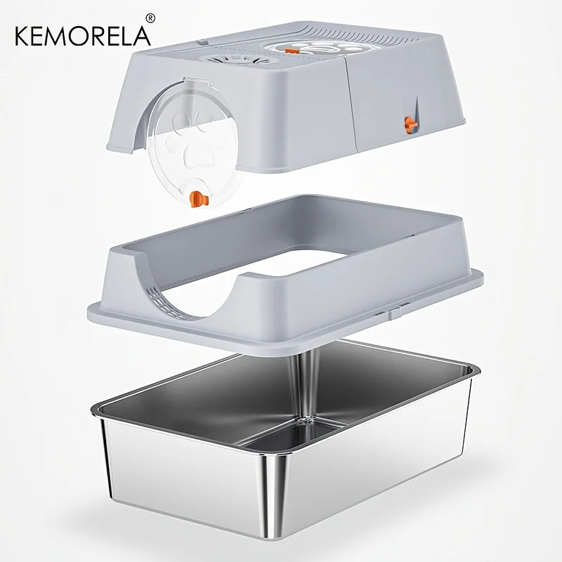KEMORELA XL Stainless Steel Cat Litter Box – Enclosed, Removable, High Sides + Scoop