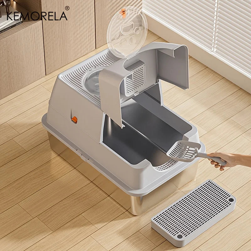 KEMORELA XL Stainless Steel Cat Litter Box – Enclosed, Removable, High Sides + Scoop
