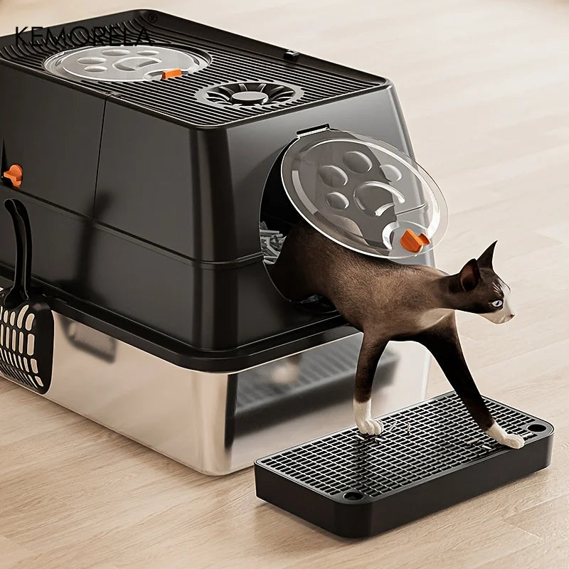 KEMORELA XL Stainless Steel Cat Litter Box – Enclosed, Removable, High Sides + Scoop