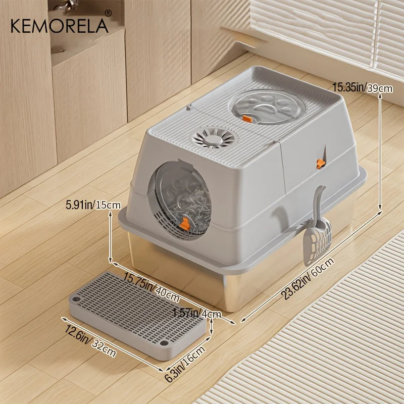 KEMORELA XL Stainless Steel Cat Litter Box – Enclosed, Removable, High Sides + Scoop