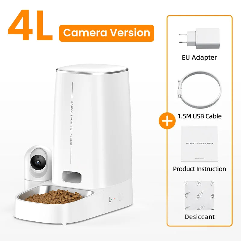 ROJECO Smart Pet Feeder with 360° Camera – 4L WiFi Auto Food Dispenser for Cats & Dogs
