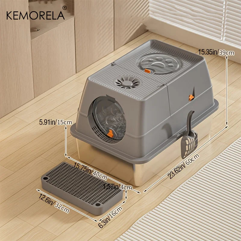KEMORELA XL Stainless Steel Cat Litter Box – Enclosed, Removable, High Sides + Scoop