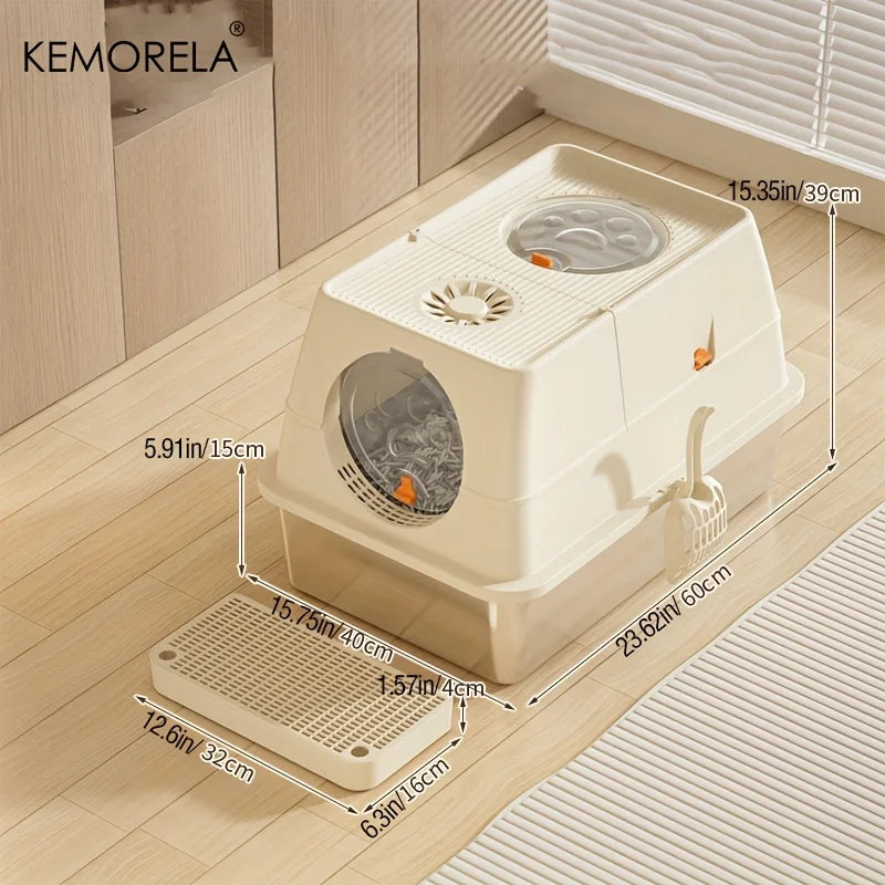 KEMORELA XL Stainless Steel Cat Litter Box – Enclosed, Removable, High Sides + Scoop