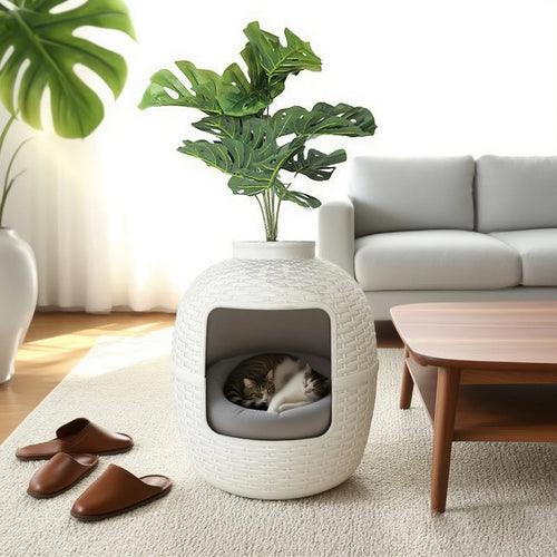 Decorative Cat Litter Box with Plant – Rattan Pattern Enclosure for Home